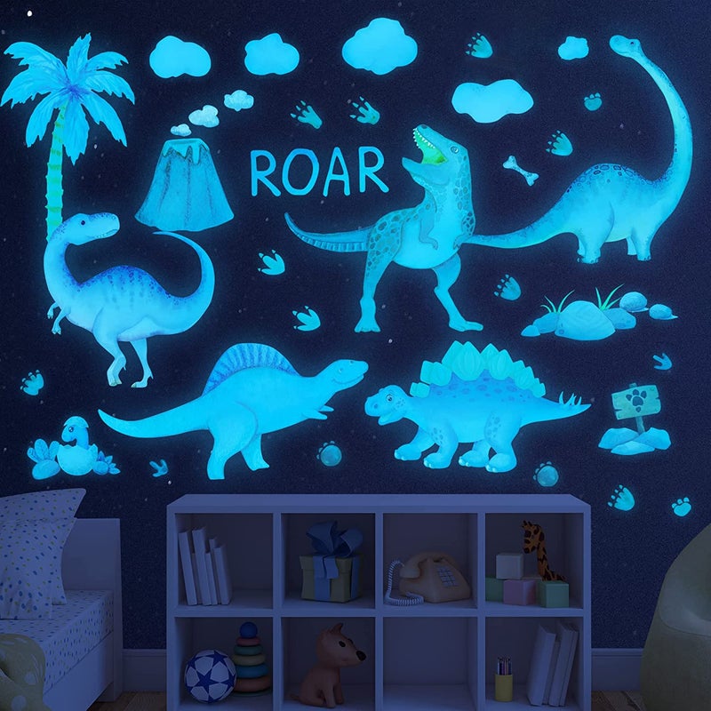 Sinekong Dinosaur Wall Decals Glow in The Dark Dinosaur Wall Stickers Watercolor Dinosaur Decal Large Removable Vinyl Dino Wall Decals for Boys Bedroom Kids Girls Baby Nursery Playroom Living Room Wall Decor - Image 1